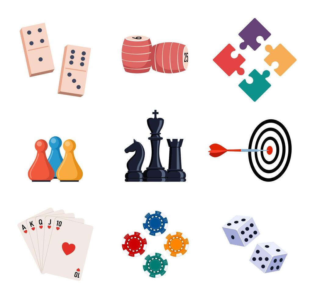 Board games. Games different types set. Domino, chess, puzzle, lotto, cards. Leisure, meetings friendly or weekend game collection. illustration. vector
