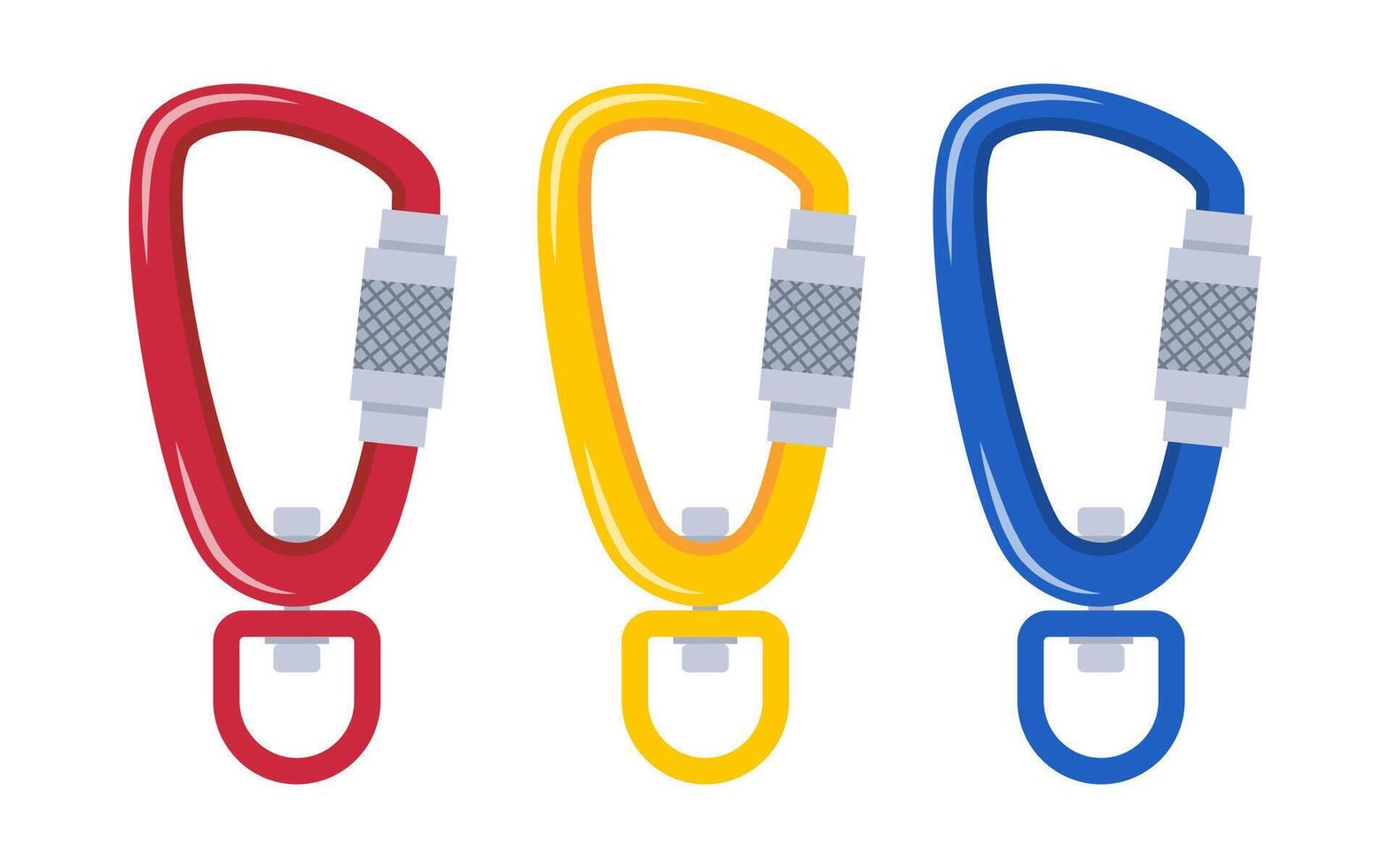 Climbers carbine set. Carabiner clip spring hook safety supply for climbing. Sport lock protection alpinist rope rock, mountaineering hiking steel tool, security metal chain. . vector