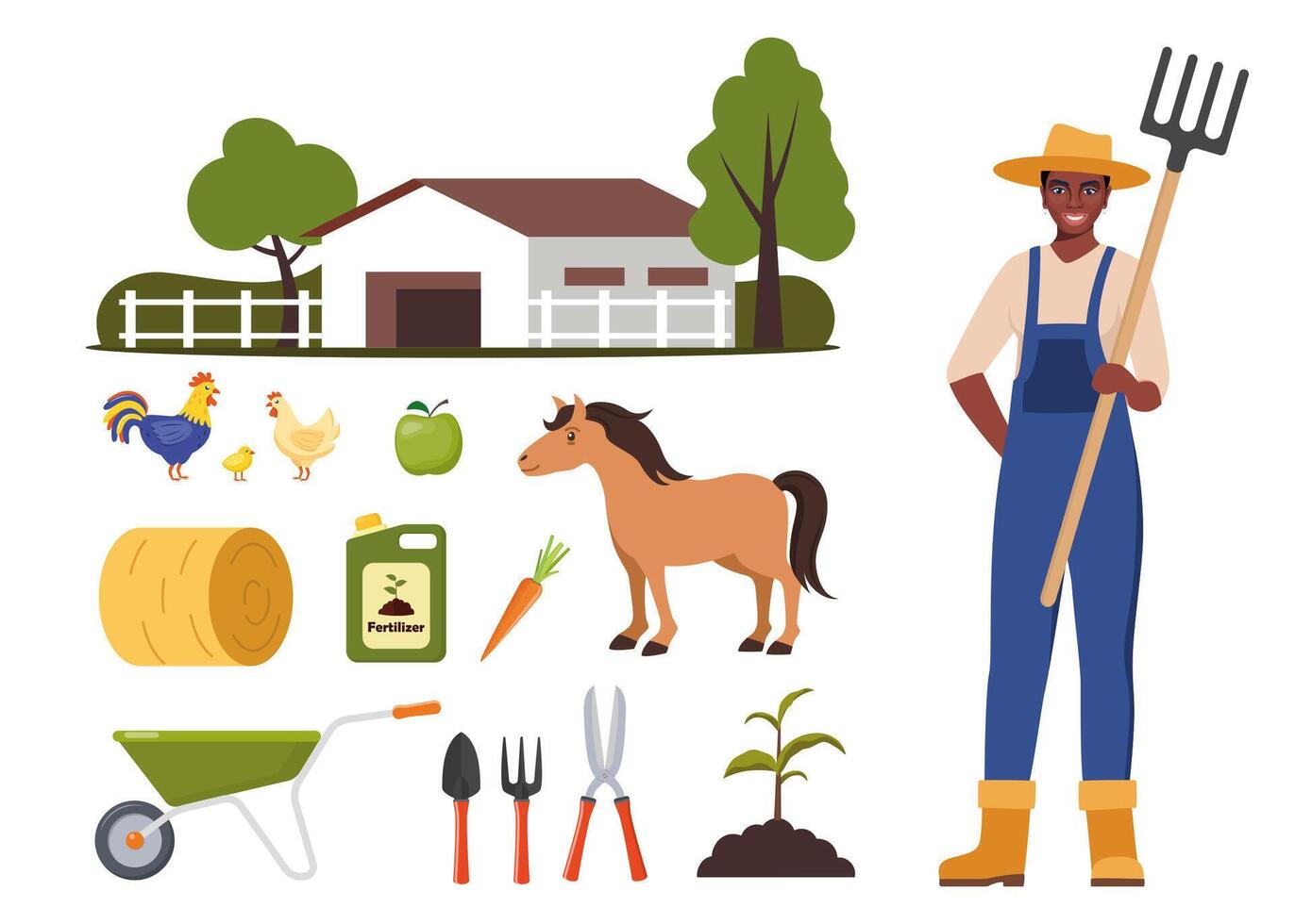 Farmer character and different farm elements. Black Woman farmer, barn, horse, fertilizer, haystack, cart, crop, pitchfork, watering can, plant. Set of elements on farm theme. illustration. vector