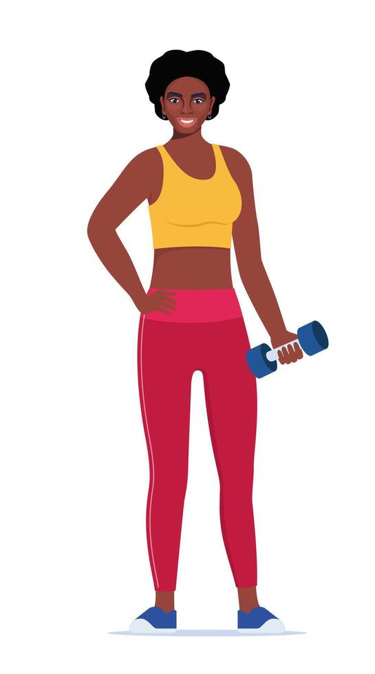 African American Woman dressed in sports clothes does exercises with dumbbells. illustration. vector