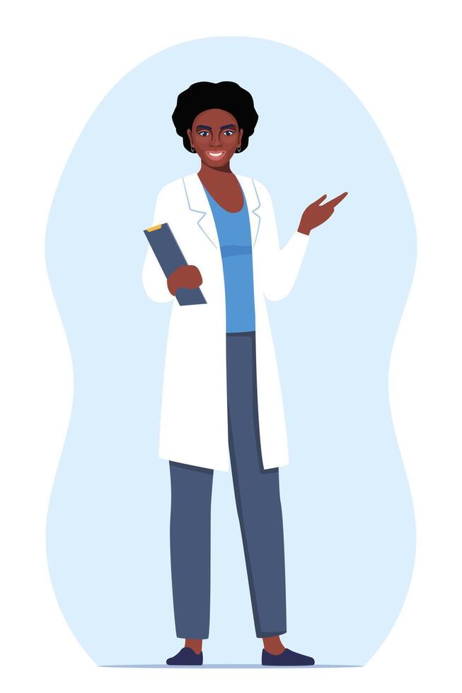 Doctor in medical uniform pointing and showing something with hand. Medicine worker black woman explaining and presenting something. flat illustration. vector