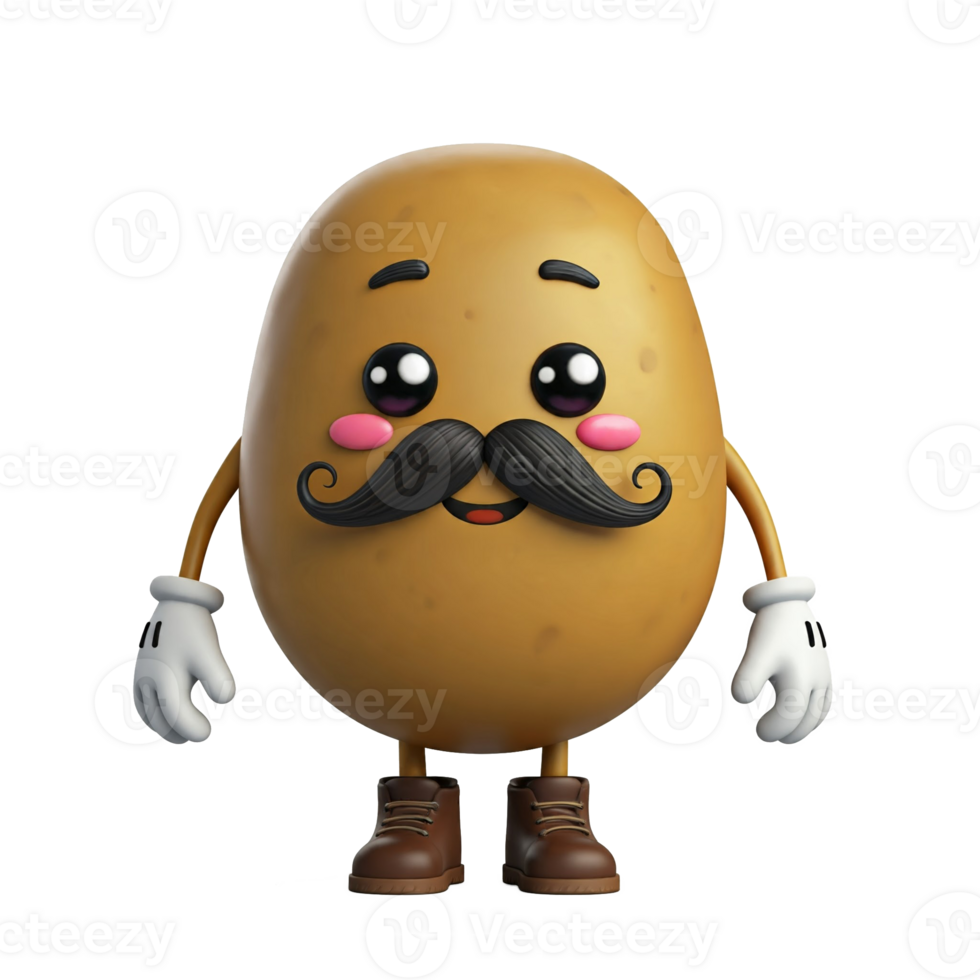 Isolated 3D Cute Potato Cartoon Character with a Mustache png