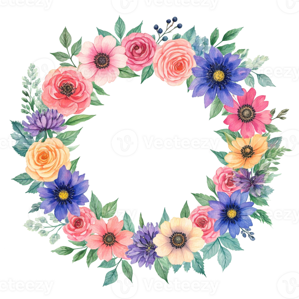 Isolated watercolor wreath made of various flowers and leaves png