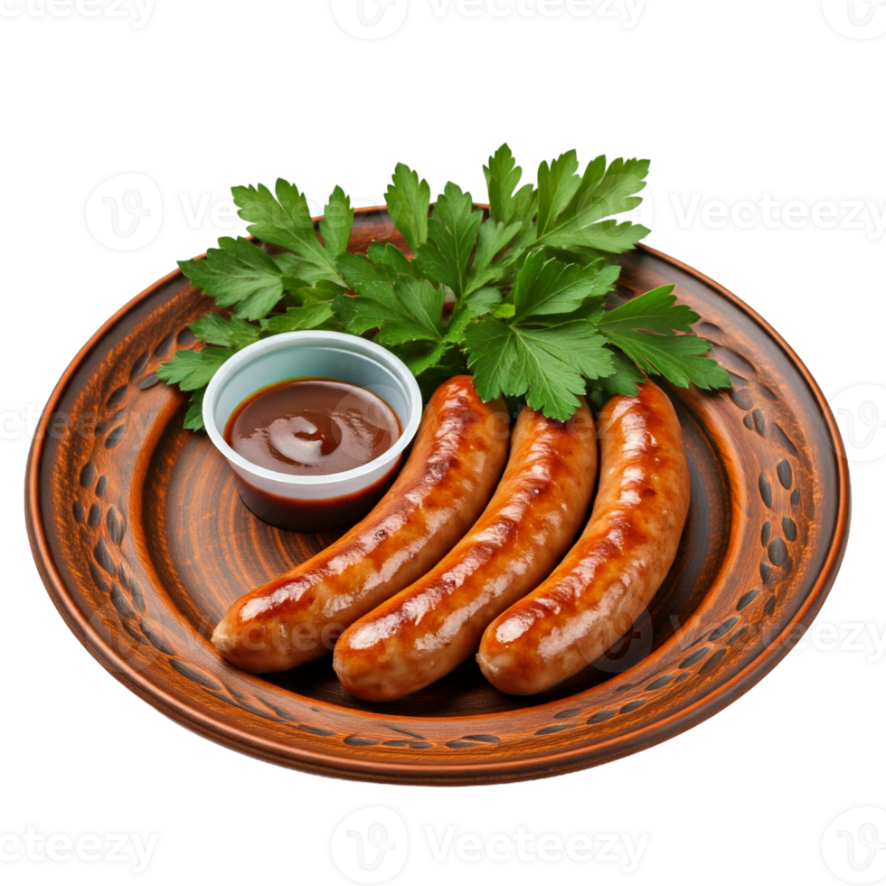 Appetizing Grilled Sausages on Plate with Sauce and Parsely Isolated png
