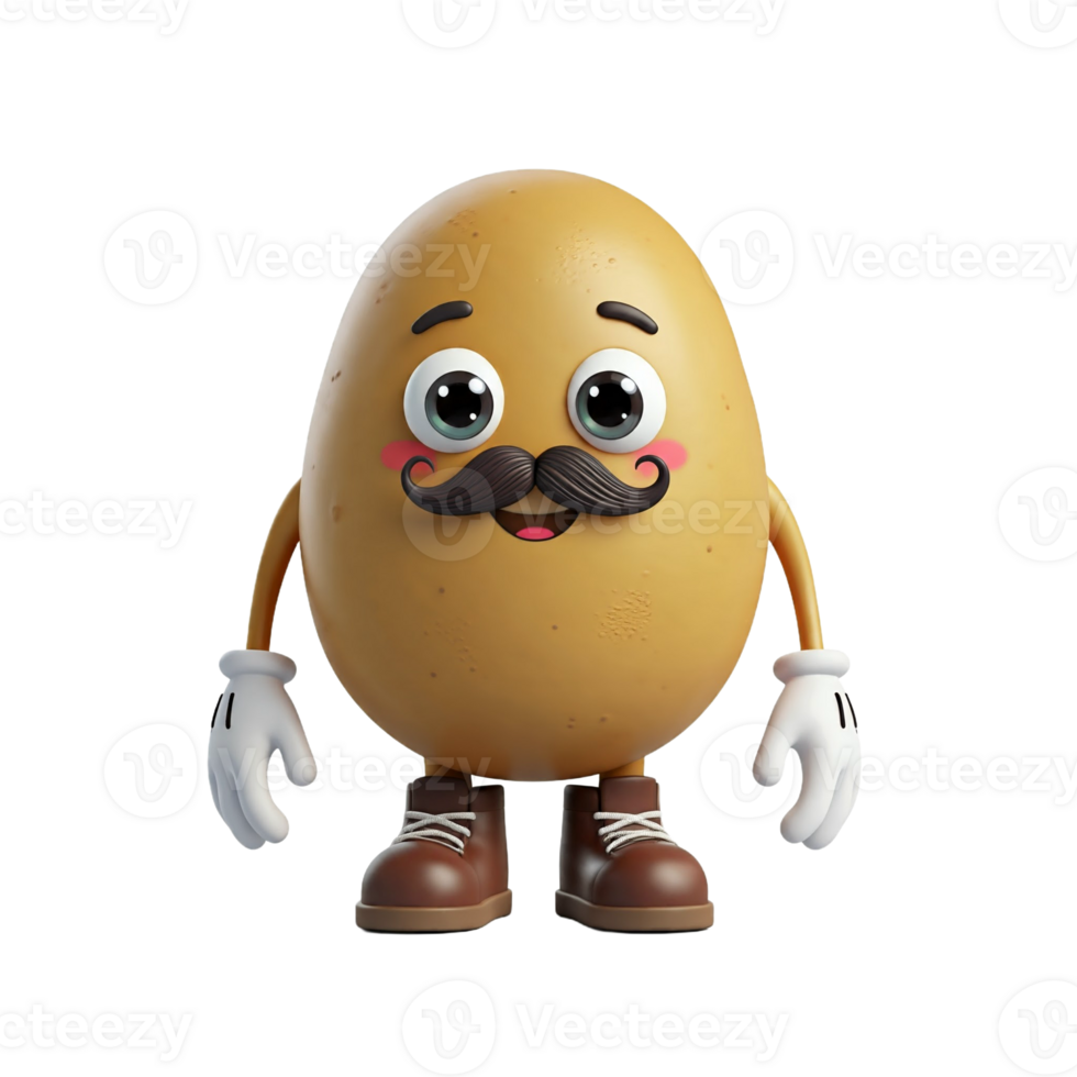 3D Adorable Potato Cartoon Character with a Mustache on Transparent Background png
