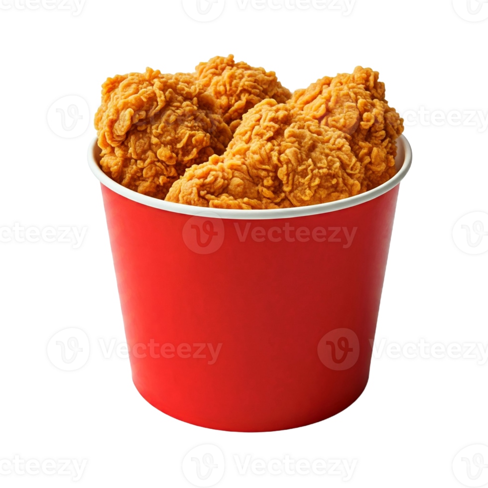Closeup of a Red Bucket Filled with Fried Chicken Pieces on Transparent Background png