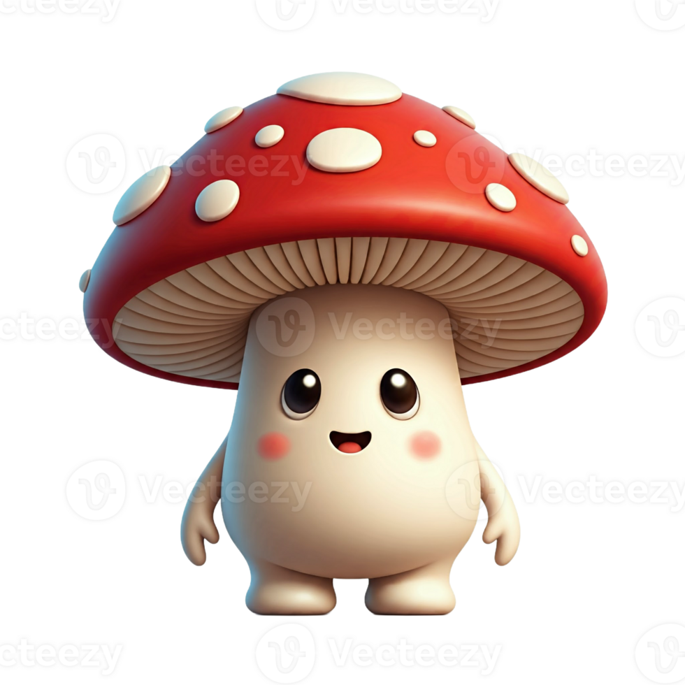 3D Cheerful and Cartoony Red Mushroom Character on Transparent Background png