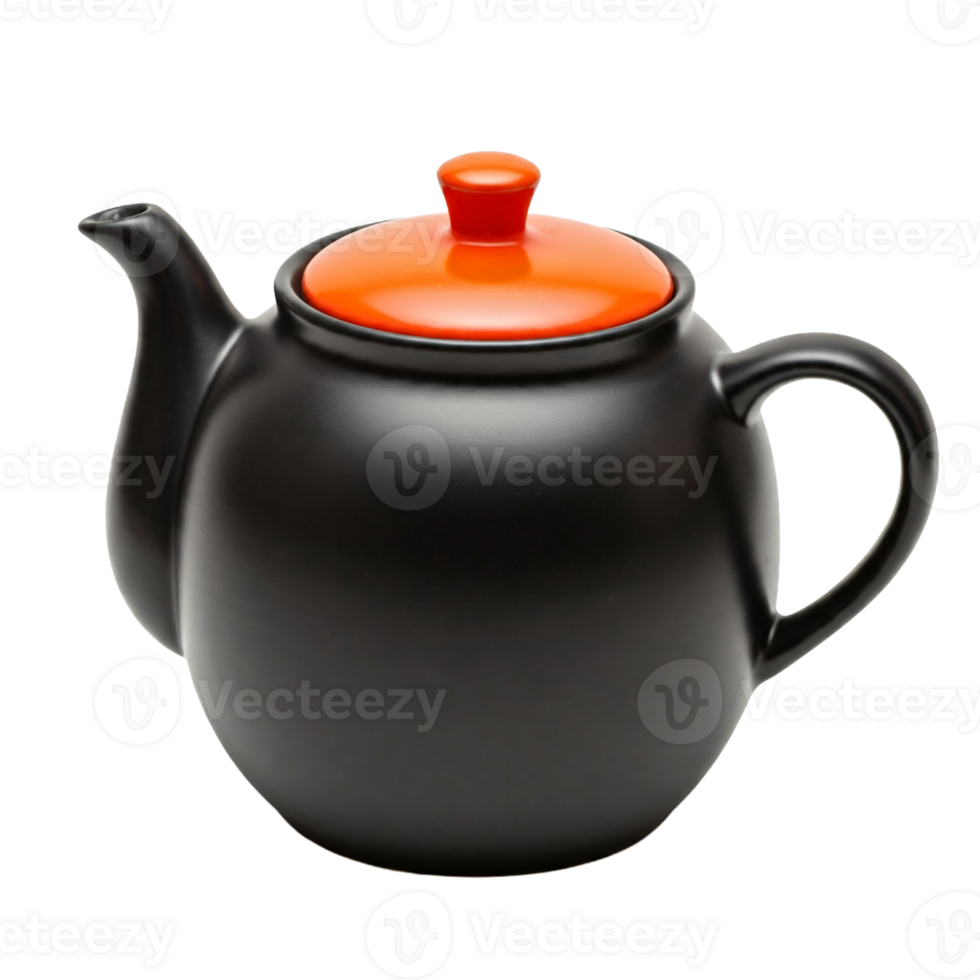 Classic Black Teapot with Vibrant Orange Lid on Transparent Background png