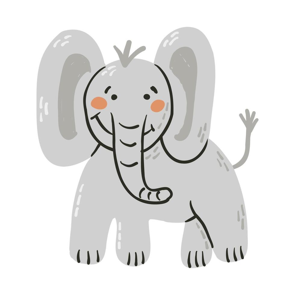 Childish illustration of cute smiling elephant with large ears and blushing cheeks in simple, hand drawn style. Perfect for kids designs, nursery decor, and animal themed projects vector