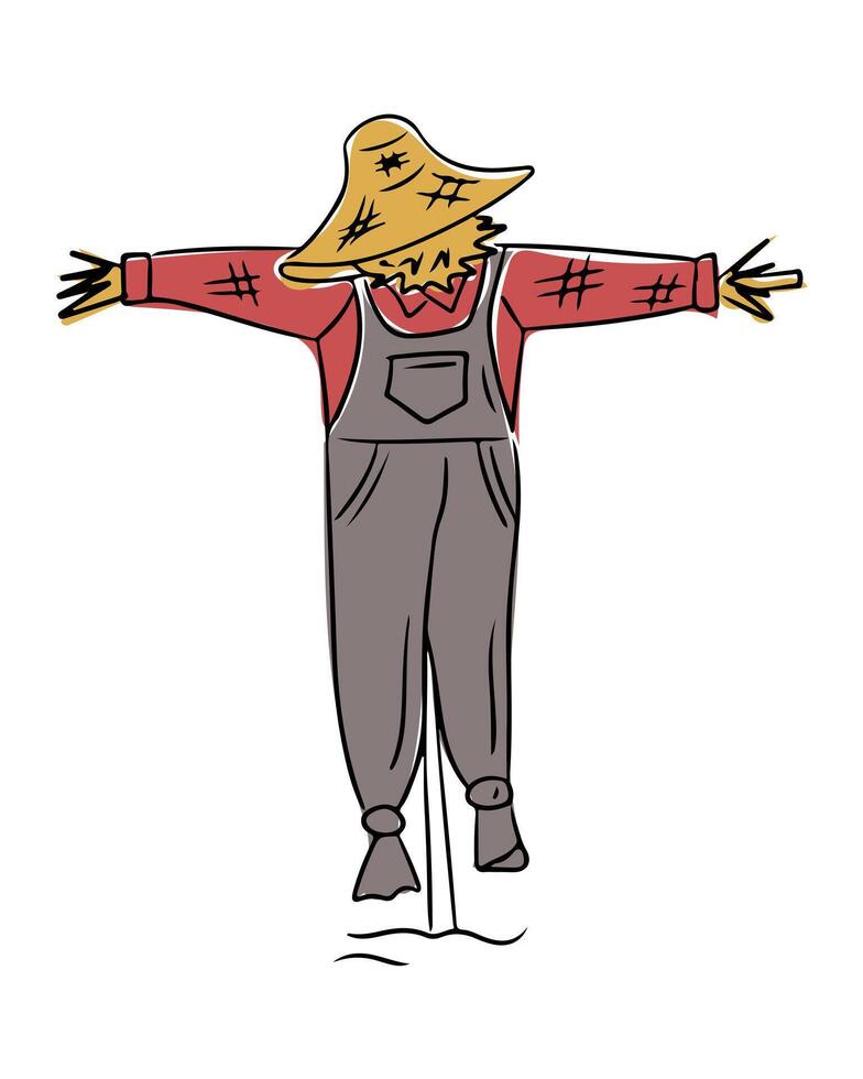 Hand drawn contour scarecrow illustration wearing hat, red shirt, and overalls isolated on white background, perfect for autumn, farm, and Halloween designs. vector