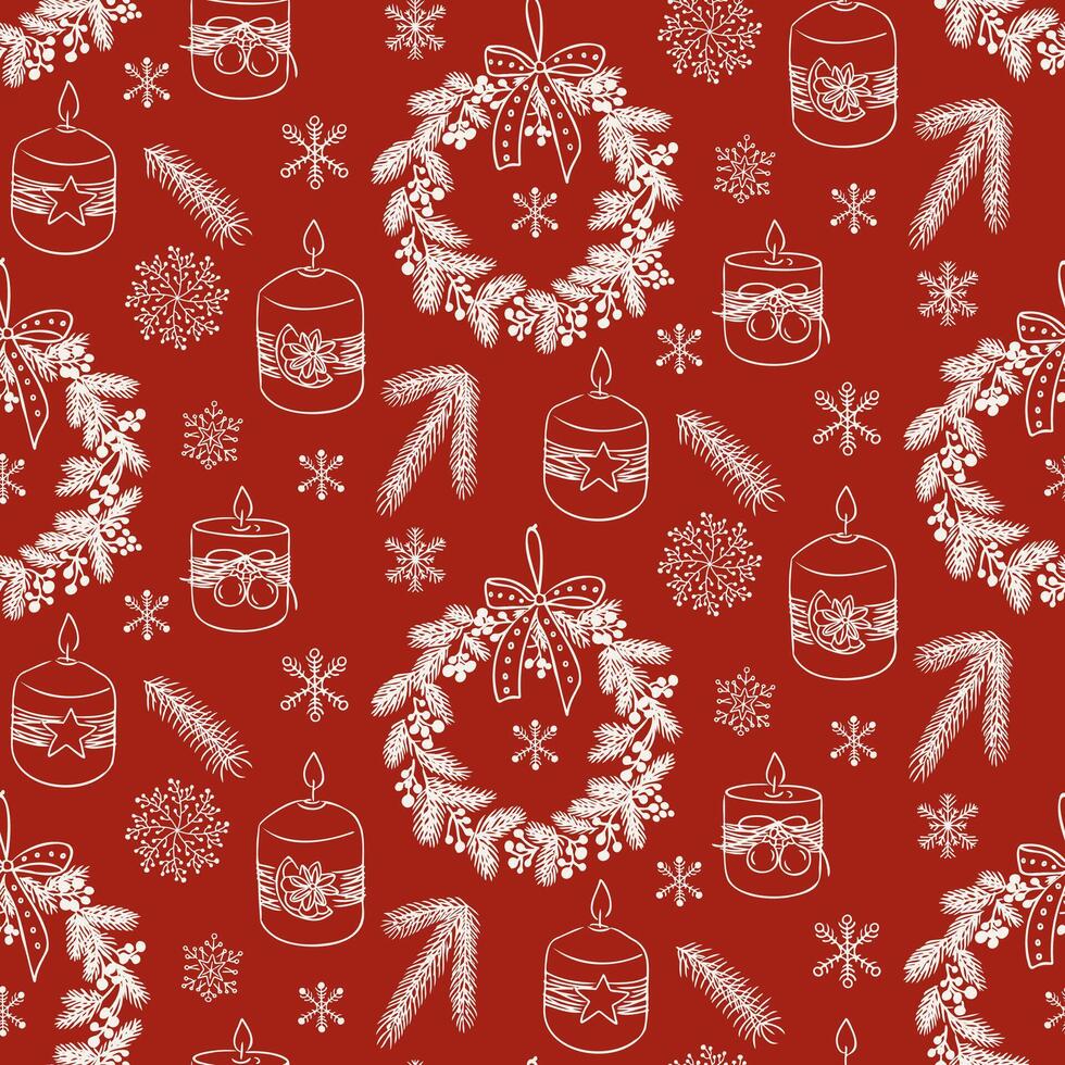 Seamless holiday pattern with outline hand drawn Christmas floral elements on red background. Perfect for holiday wrapping paper, textiles, and decor vector