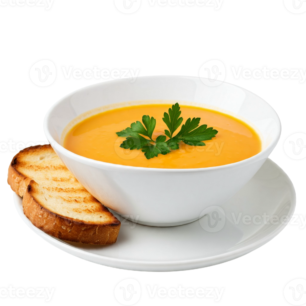 Visually Appealing Pumpkin Soup in White Bowl with Toast Isolated png
