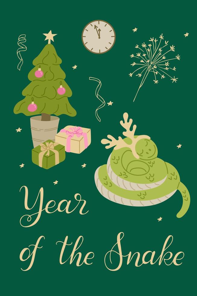 Festive holiday banner with cheerful snake with antlers, Christmas tree and calligraphy text. Perfect for New Years and themed greeting cards vector