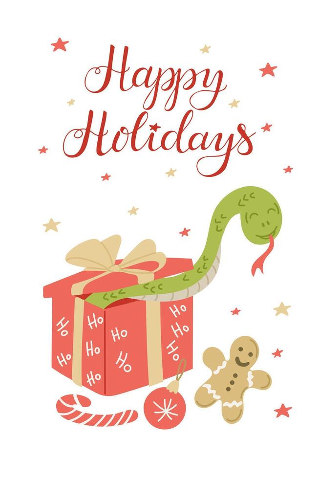 Festive winter holidays illustration with cheerful snake popping out red wrapped gift box with Christmas elements. Perfect for seasonal greetings and New Year vector