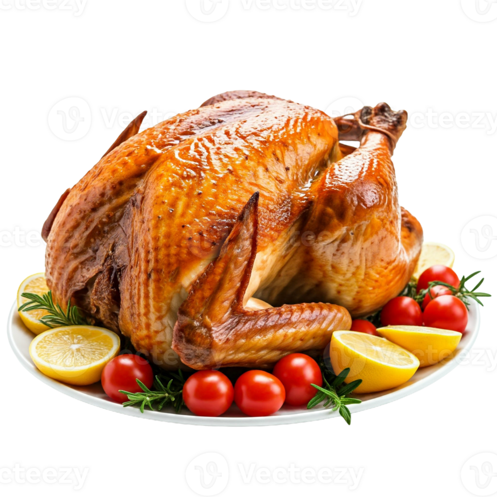 Isolated Roasted Turkey with Lemon and Tomatoes on a Plate png