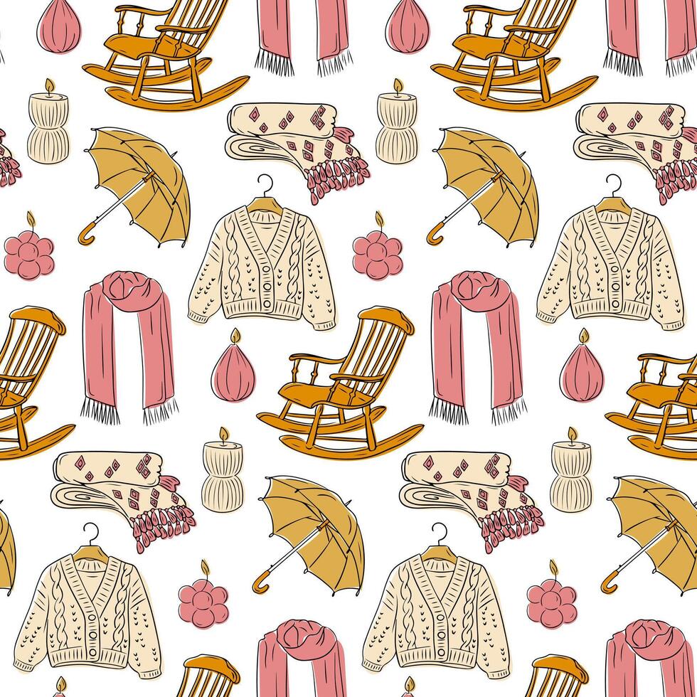 Seamless hyggepattern with cozy elements like rocking chair, sweater, scarf, umbrella in soft tones. Perfect for textiles, wallpapers, and autumn or winter designs. Hand drawn illustration vector