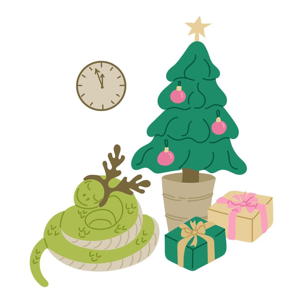 Christmas illustration with slipping snake wearing reindeer antlers beside decorated tree, clock, and gifts. Hand drawn Playful holiday design with unique elements, ideal for greeting cards vector