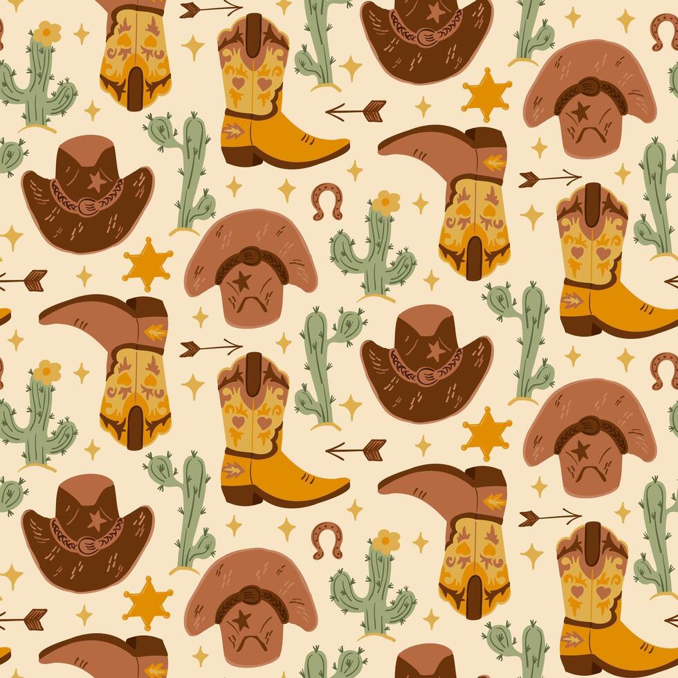 Seamless Wild Western pattern with cowboy boots, hats, cacti, sheriff badges on beige background. Hand drawn illustration. Perfect for textiles, wrapping paper, and rustic designs vector