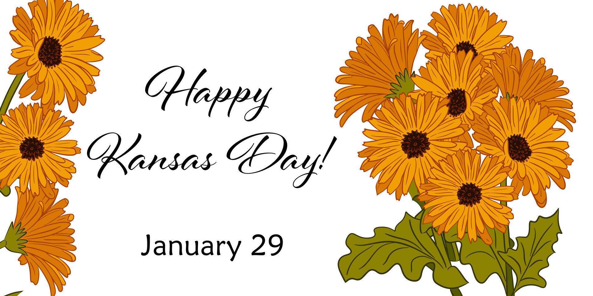 Happy Kansas Day greeting card with hand drawn sunflowers and green leaves. Bright and cheerful illustration for state pride and festivities. Banner holiday design vector