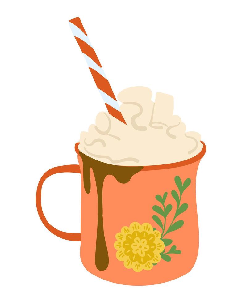 illustration of cozy mug with hot chocolate, whipped cream, marshmallows, and a striped straw. Perfect for winter themes, recipes, and holiday designs. Hand drawn drawing on white background vector