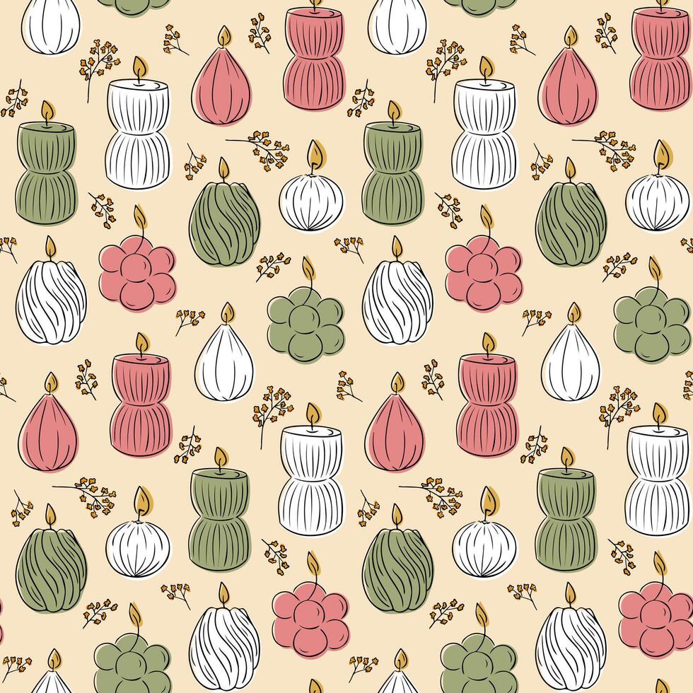Seamless hygge pattern with decorative candles in various shapes, green, pink and white on beige background vector