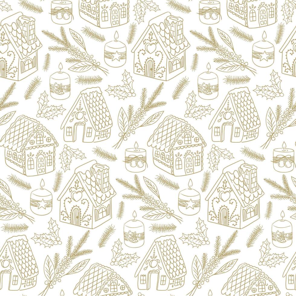 Elegant doodle seamless Christmas pattern with gingerbread houses, candles, holly leaves, and pine branches. Hand drawn illustration on white background. Perfect for wrapping, textiles vector