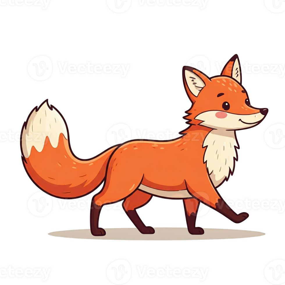 A cheerful cartoon fox walking on a transparent background png