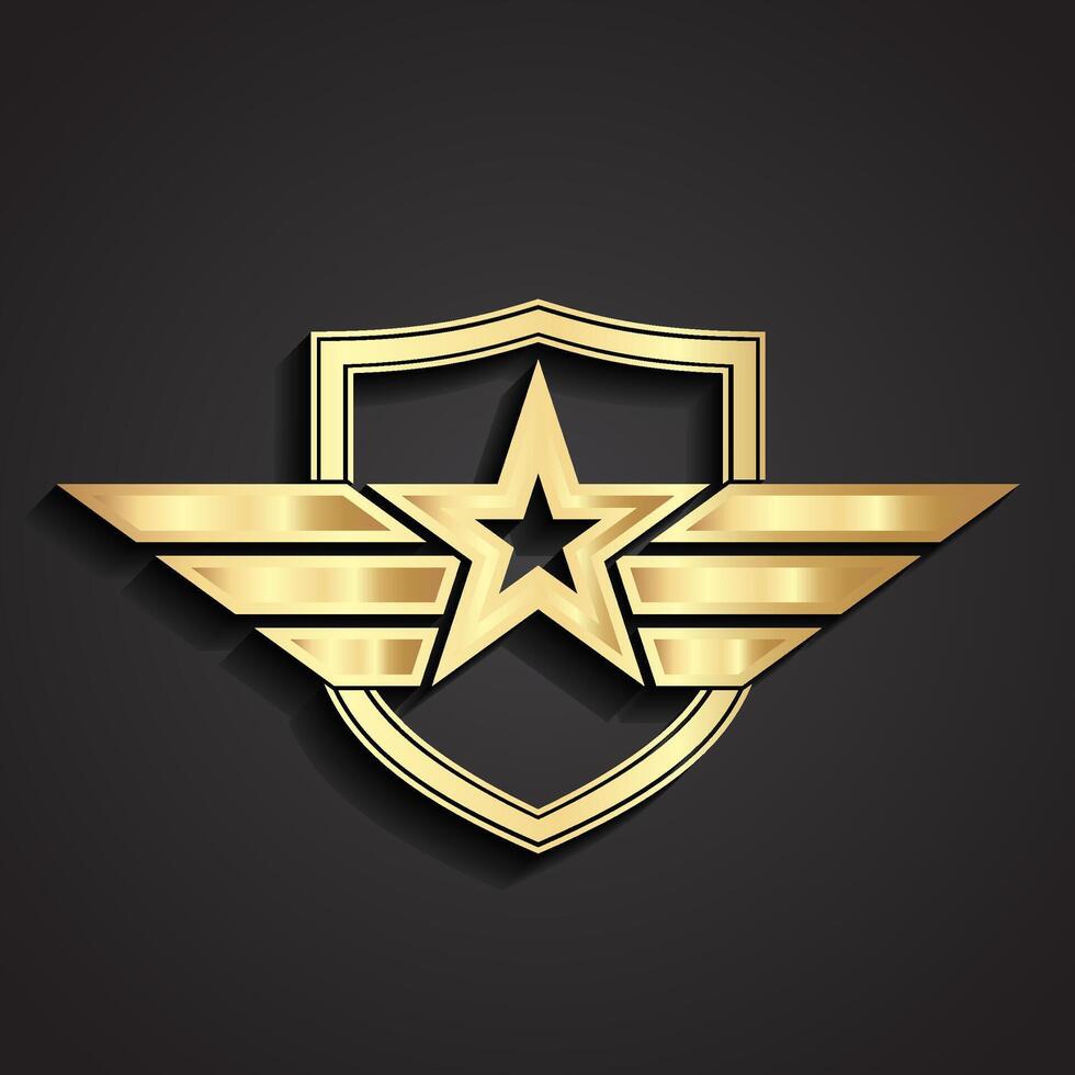 3d golden military star symbol with shield vector