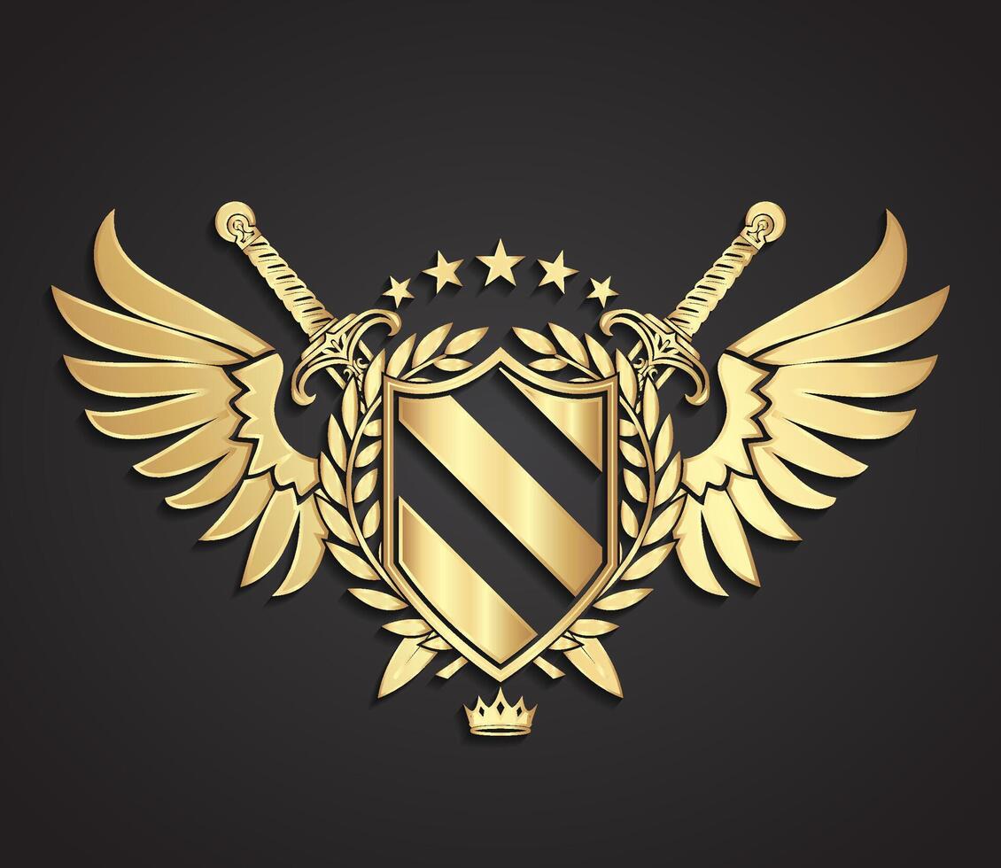 heraldry gold logo design royal shield symbol with wings swords stars crown and laurel wreath vector