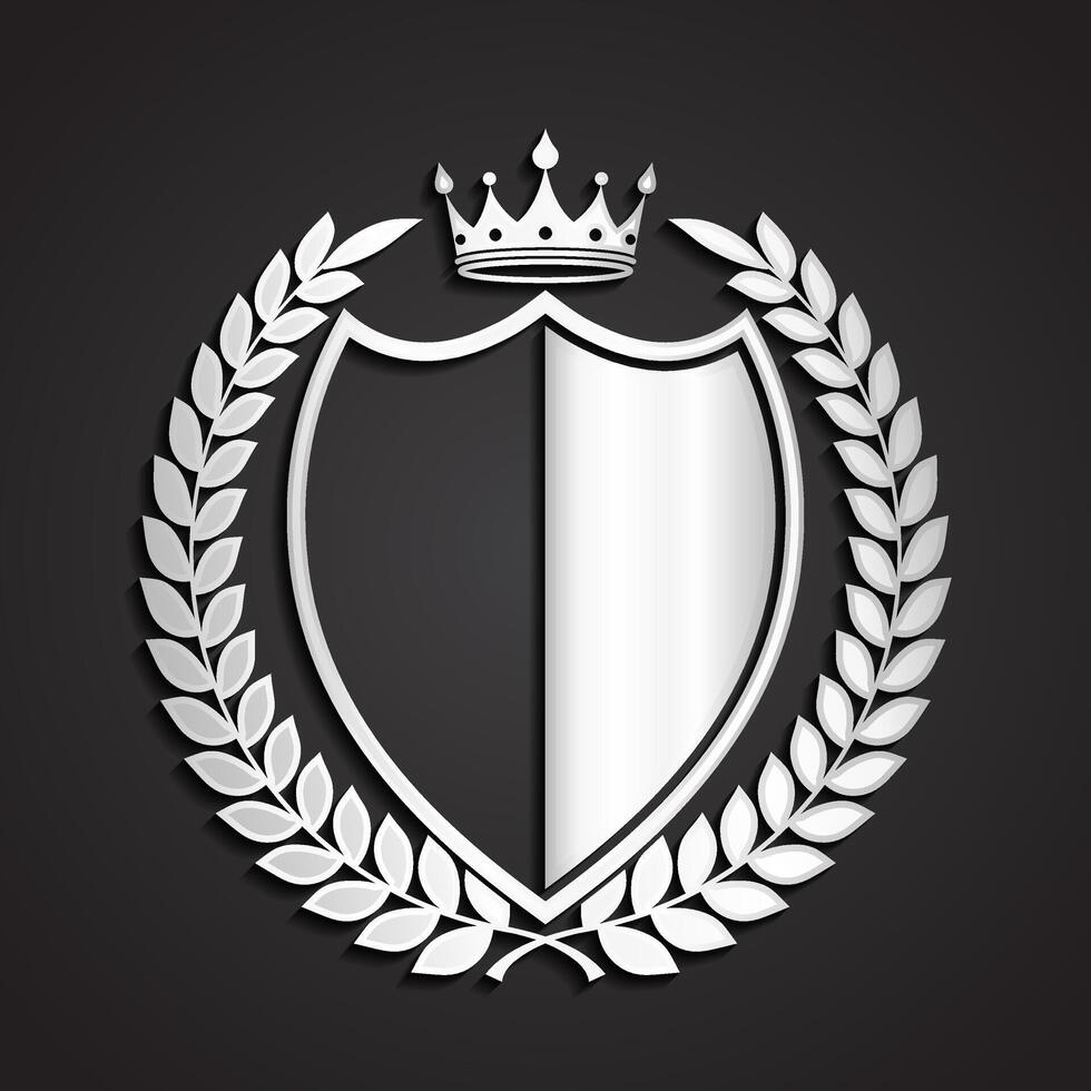 3d silver heraldry symbol with shield laurel wreath and crown vector