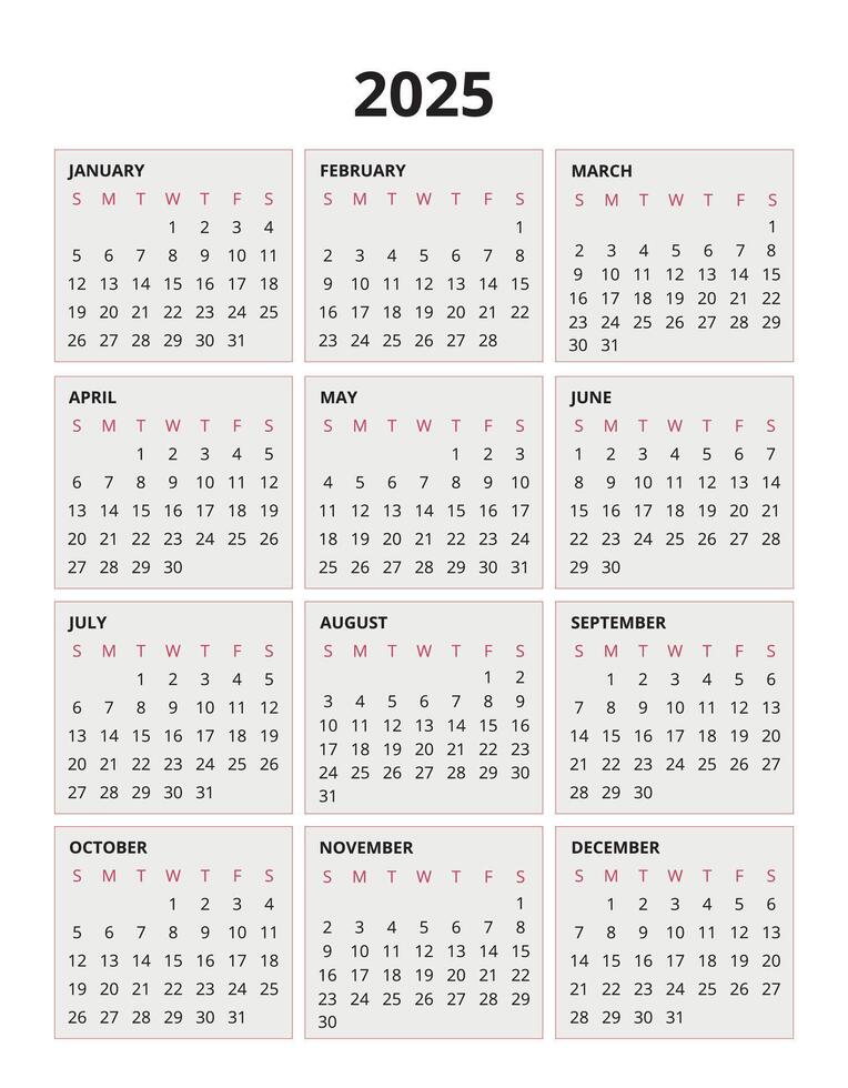 2025 Printable Calendar, Portrait Design, sunday start vector