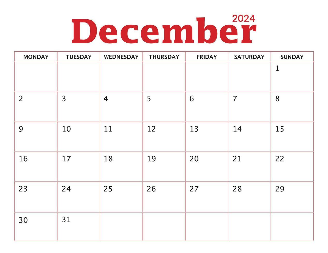 Christmas Calendar 2024 with Monday start vector