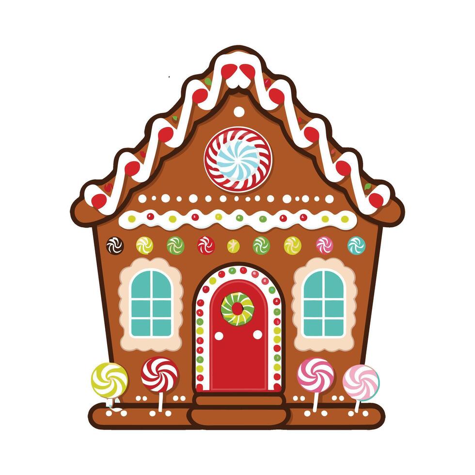 A gingerbread house with candy and lollipops vector