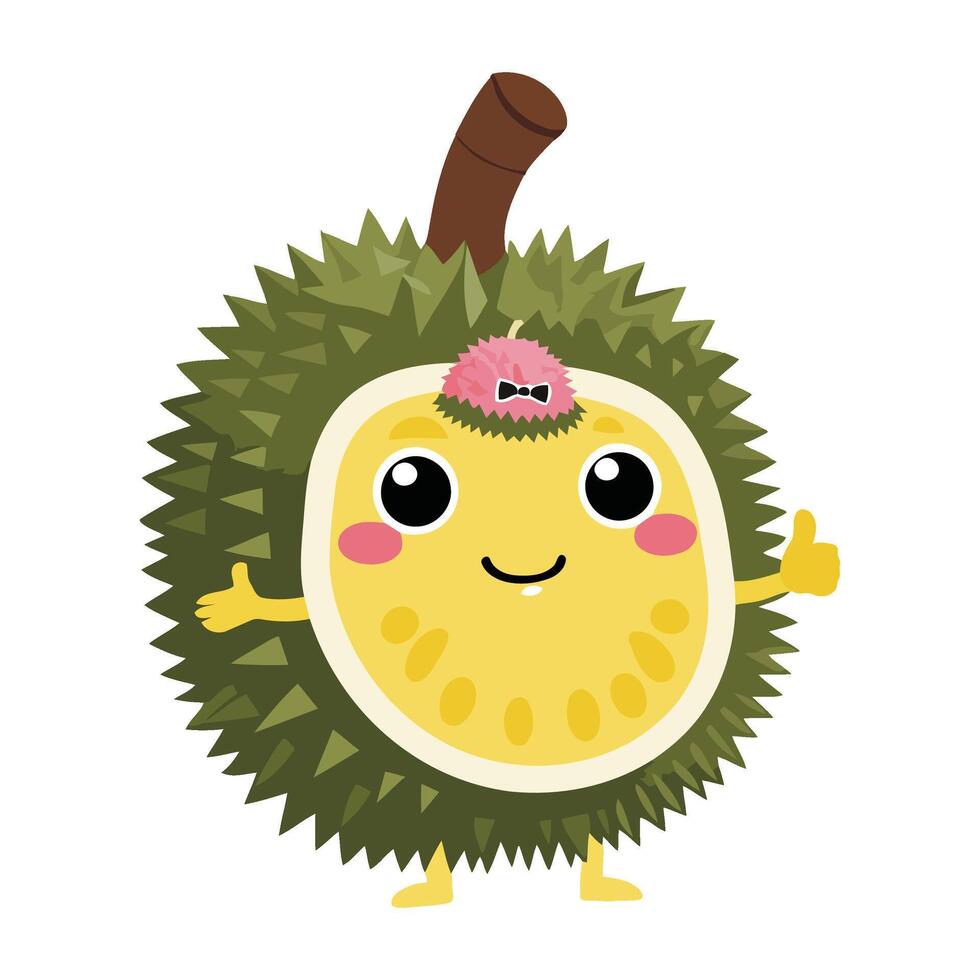 A durian fruit with a cute face and a green leaf vector