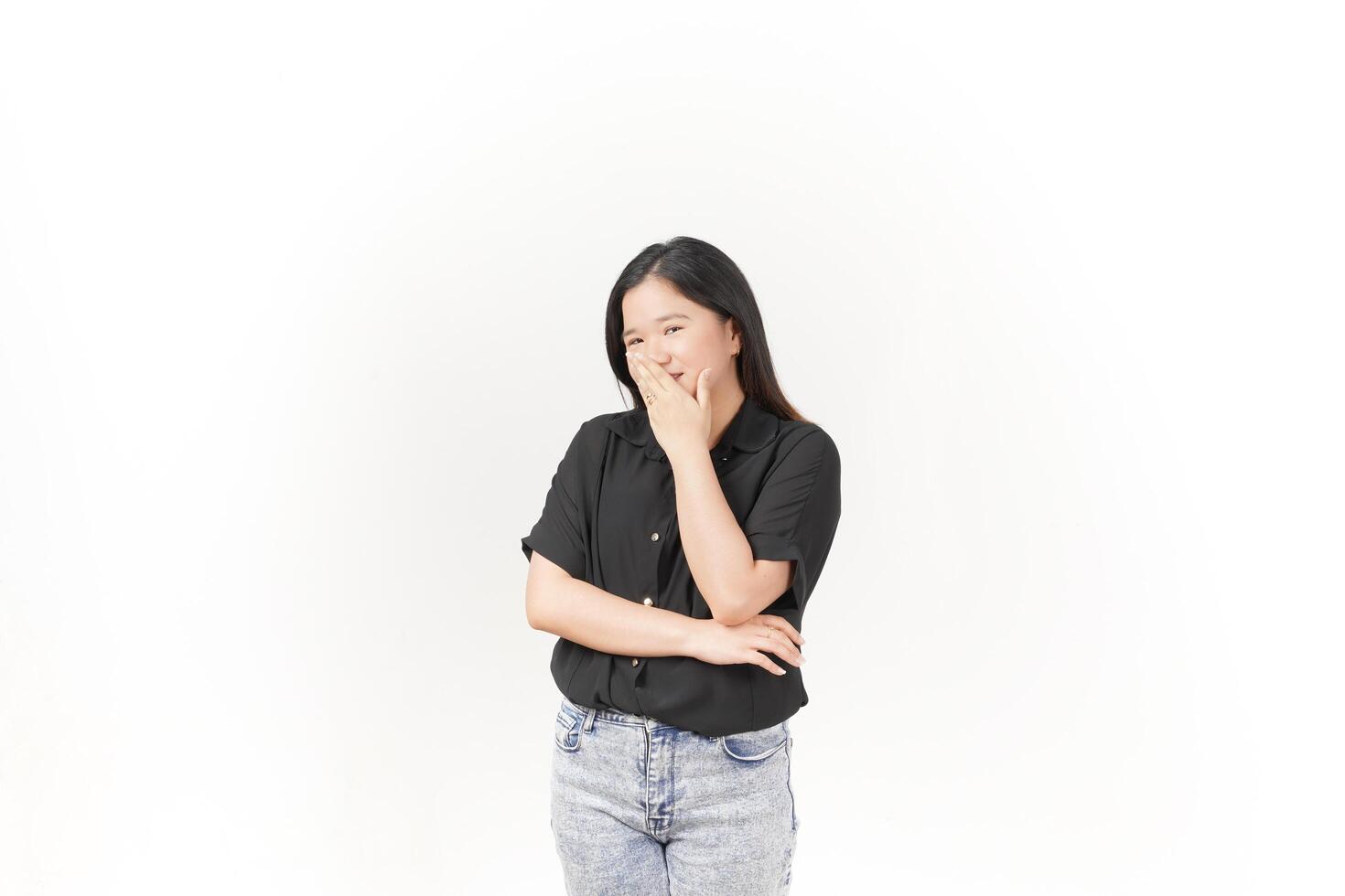 beautiful Asian woman looks scared, worried, and nervous, her expression full of anxiety against a white background photo