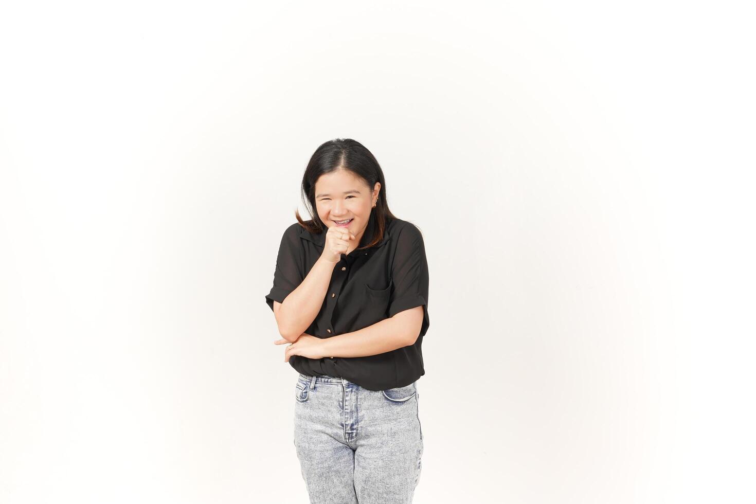 beautiful Asian woman appears to sneeze, displaying allergy symptoms with a hand covering her nose, set against a white background photo
