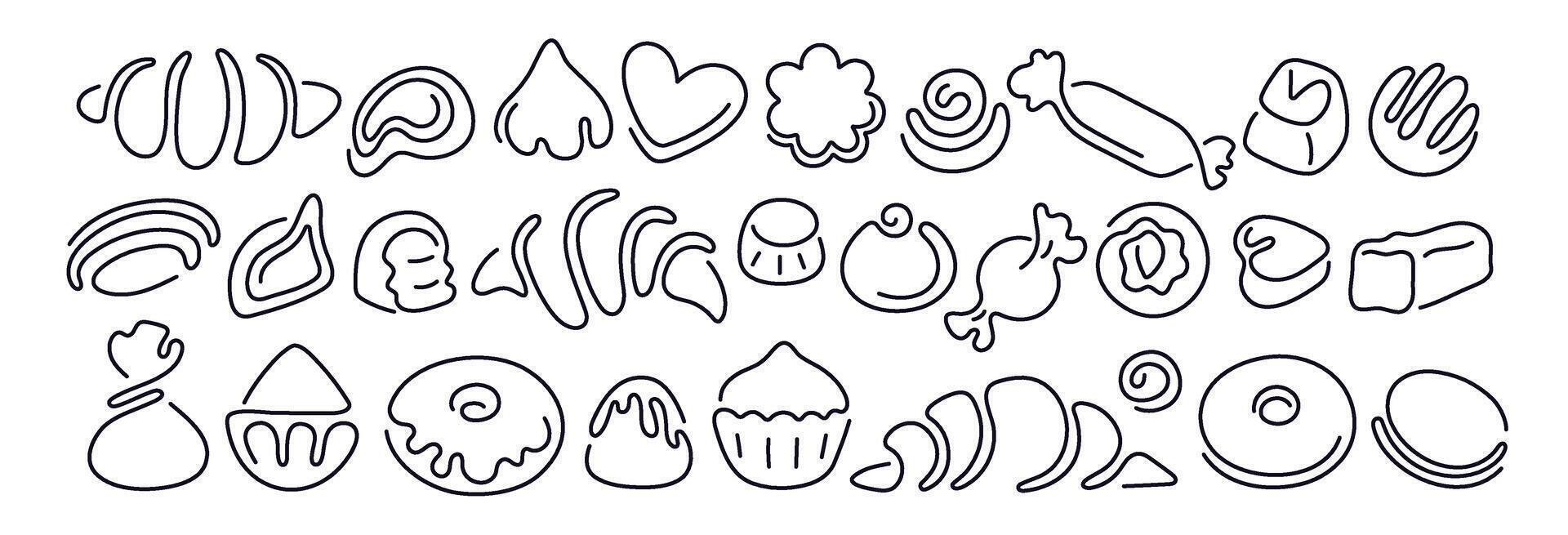 Cookie and sweets line set. Donut, croissant, cake vector