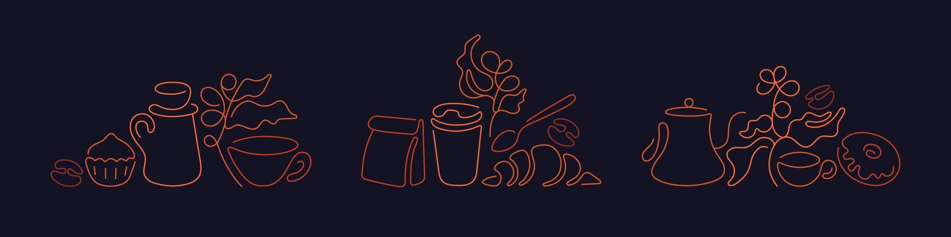 Coffee, cookie line set. Sketch cup, donut vector