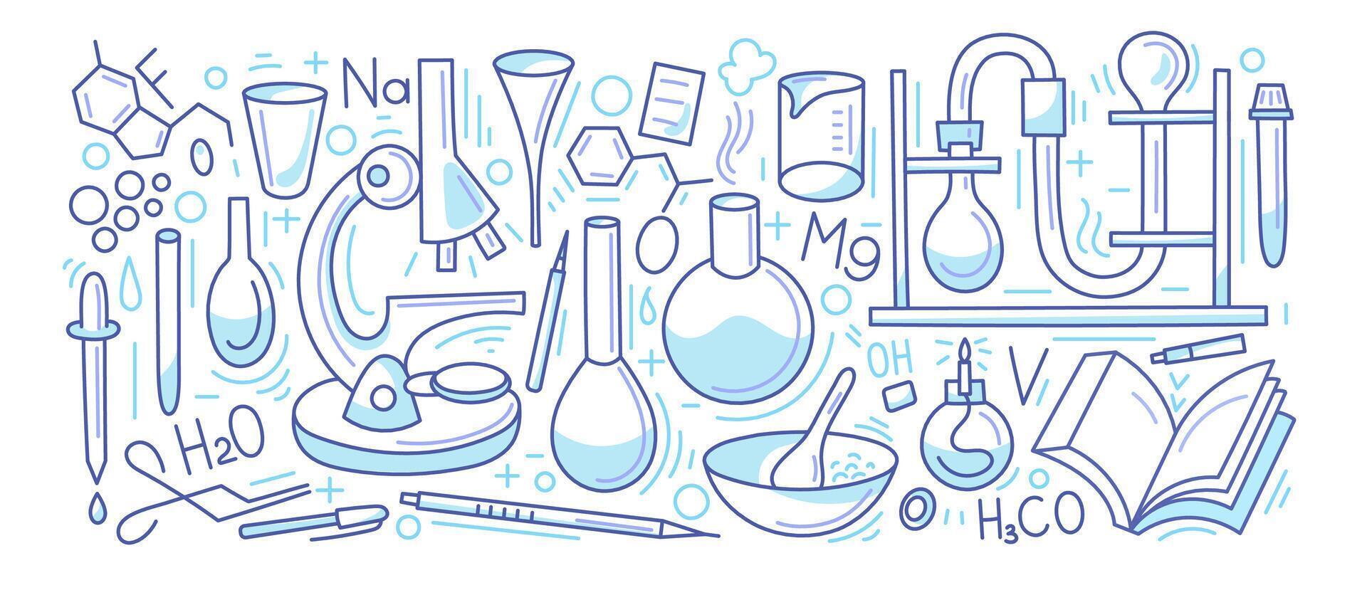Chemistry symbols set. doodle line elements vector