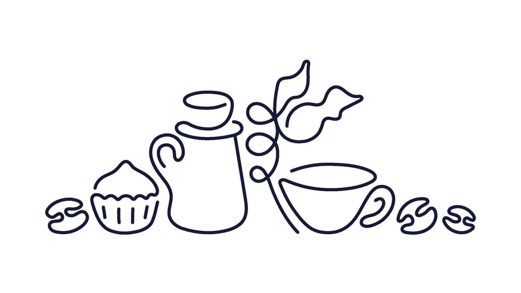 Coffee line label. Sketch of cup, muffin, raw bean vector
