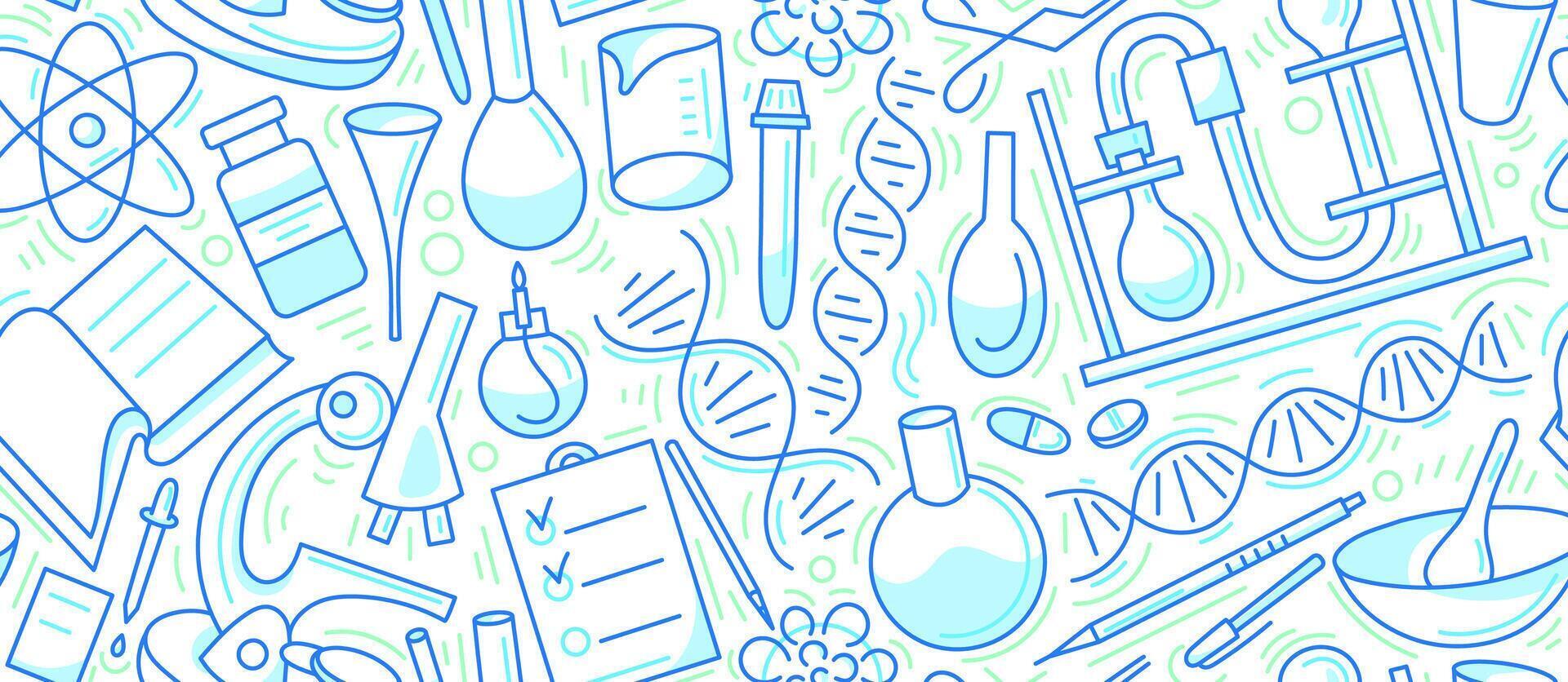 Chemistry, biology, dna art line seamless pattern vector