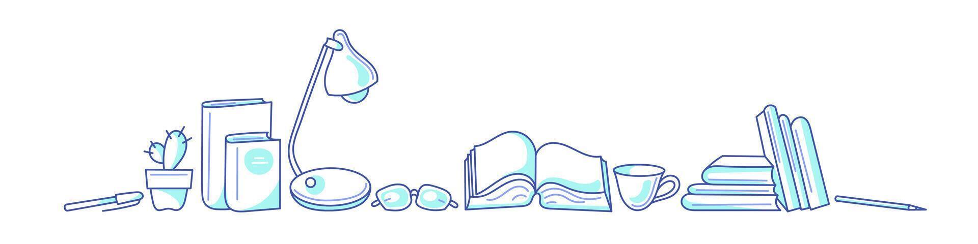 Library and books. Art line sketch. Desk border vector