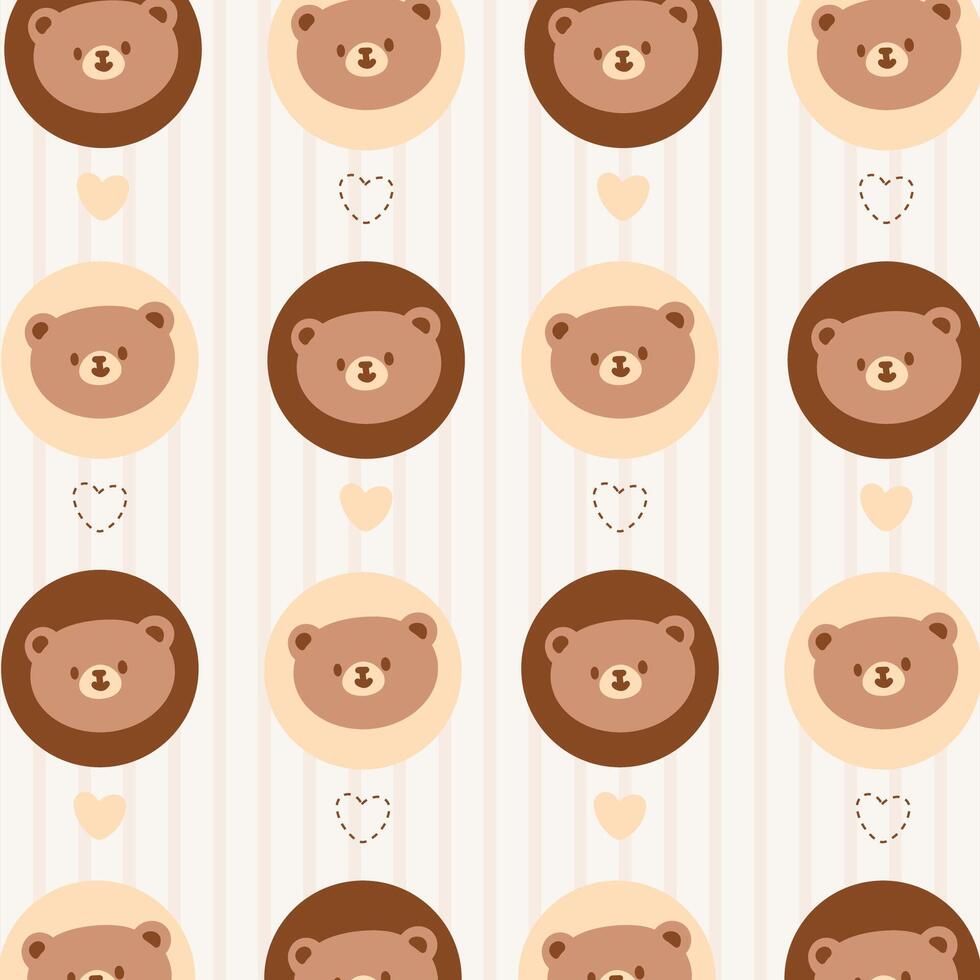 A kawaii pattern featuring cute bear faces and heart accents in a neutral color scheme. Kawaii bear head pattern with love elements on beige background. vector