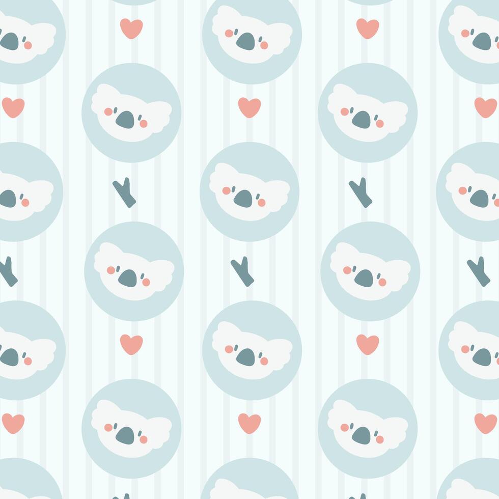 A cute acpattern featuring cute koala faces with hearts and branches on a soft pastel blue background. vector