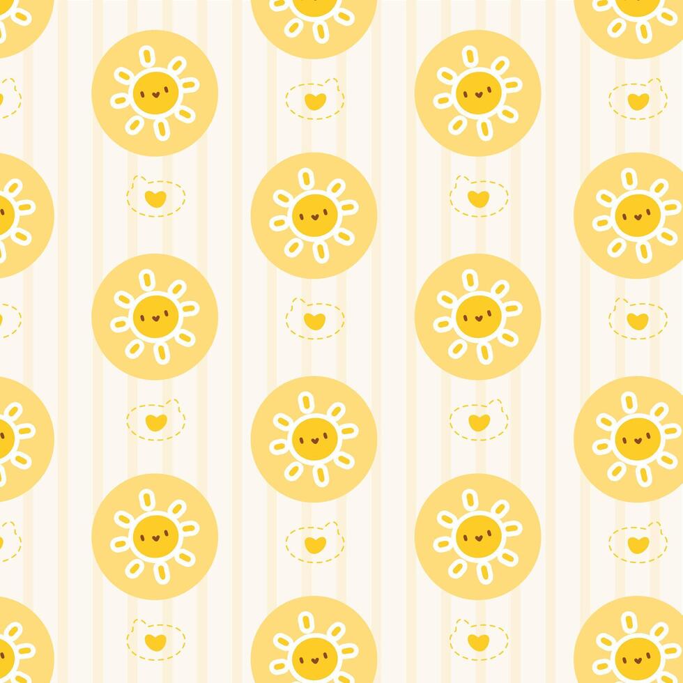 A cute pattern of smiling sunflower faces with heart accents in a soft yellow background. vector
