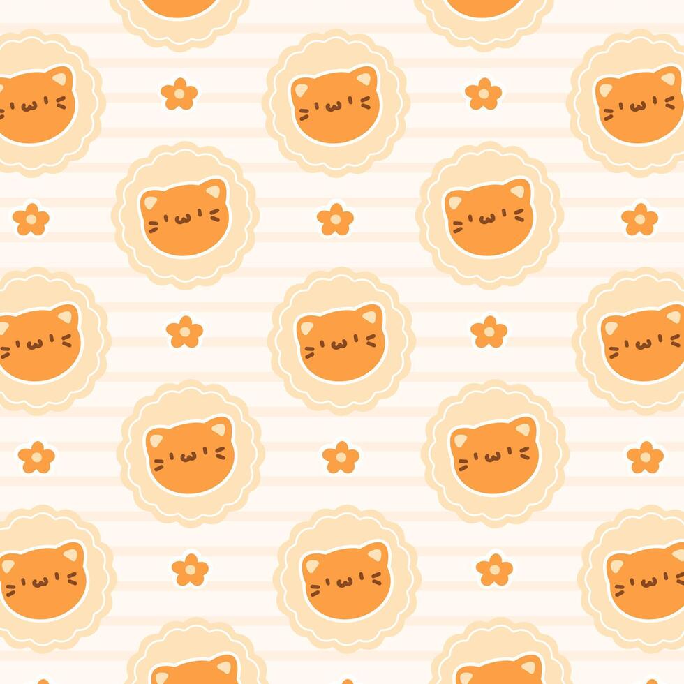 Cute pattern features adorable kawaii style cat faces in warm orange tones, accented with small flowers on a soft striped background. vector
