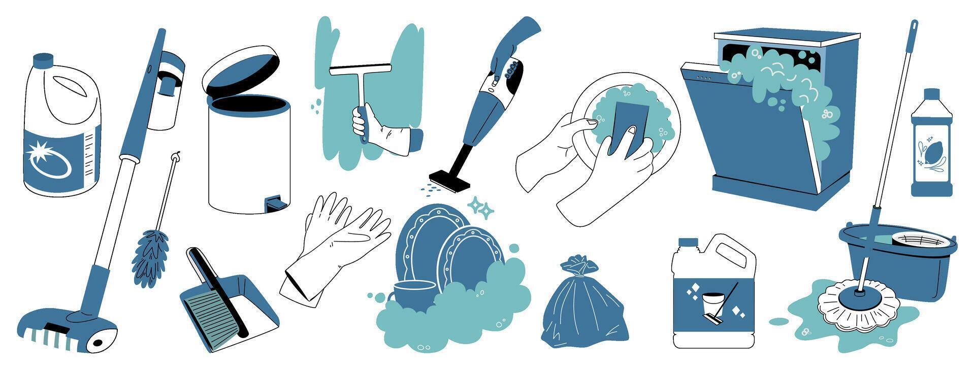 A set of illustrations of tools and supplies for cleaning. Housekeeping, cleaning service, window and floor cleaning. vector