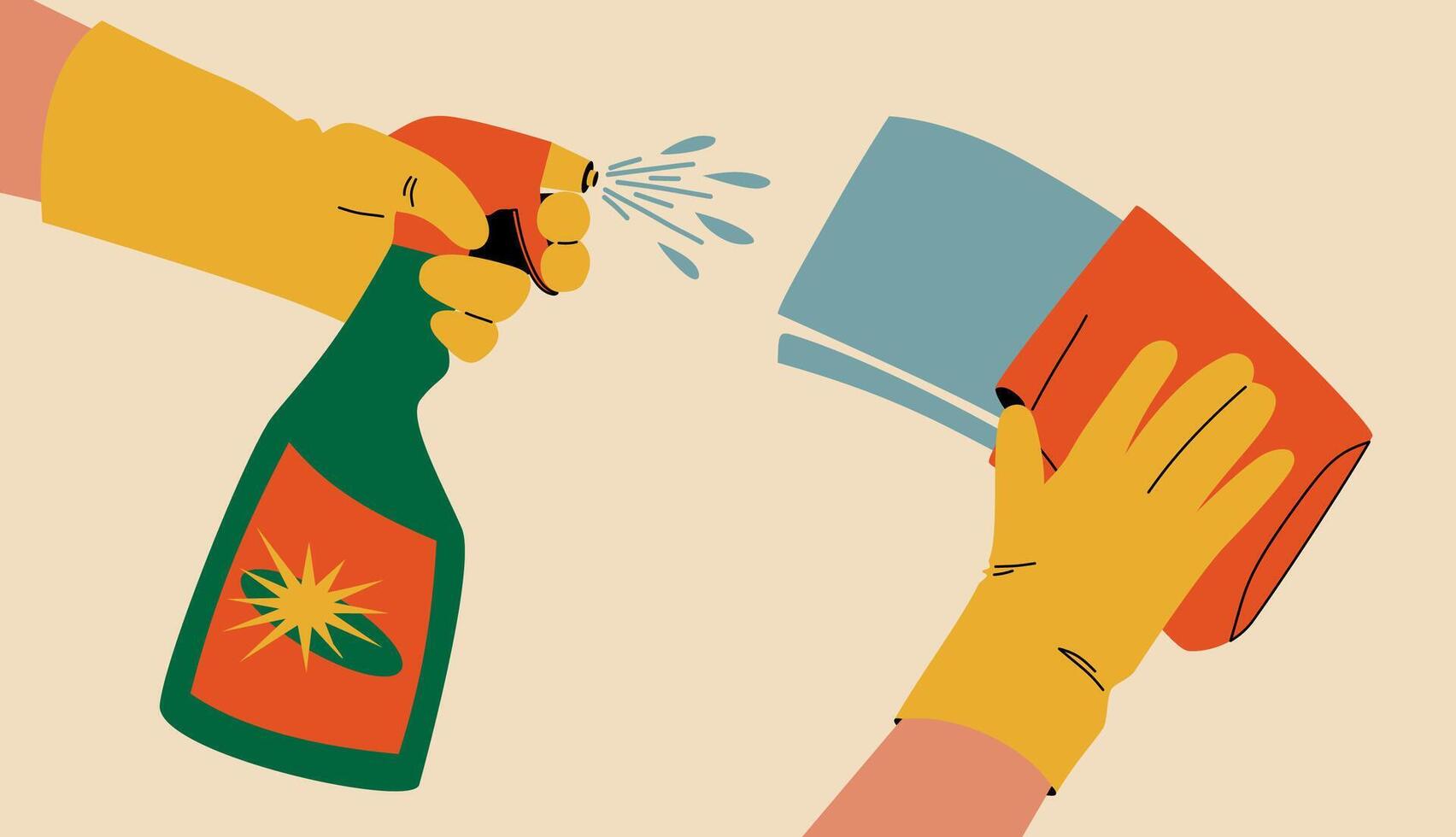 Gloved hands hold detergent and a cleaning cloth. vector