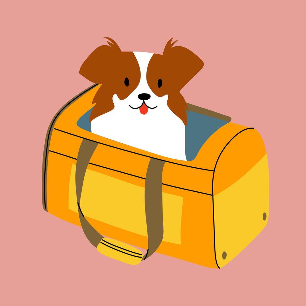 The dog is sitting in the bag. Traveling with a pet. vector