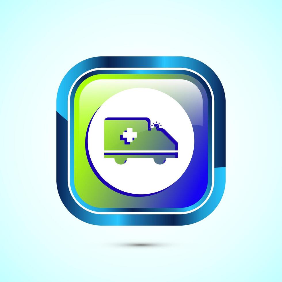 Ambulance icon design illustration. Emergency car, medicine van symbol. Glossy Square Button Design vector